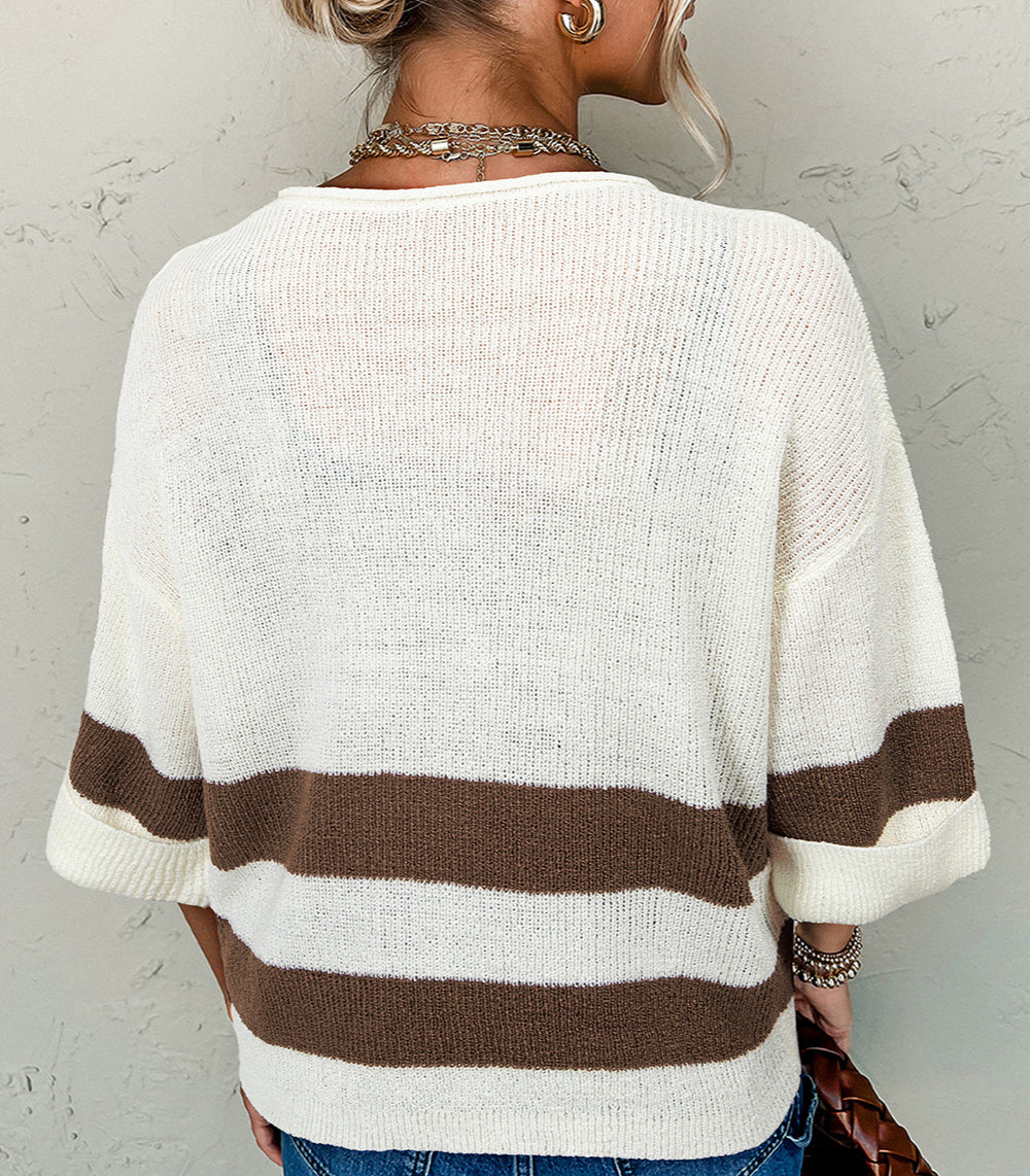 Striped Accent Notched V Neck Cropped Sweater T Shirt