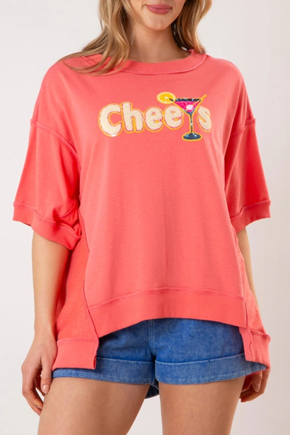 Flamingo Sequined Graphic Drop Shoulder Short Sleeve Top