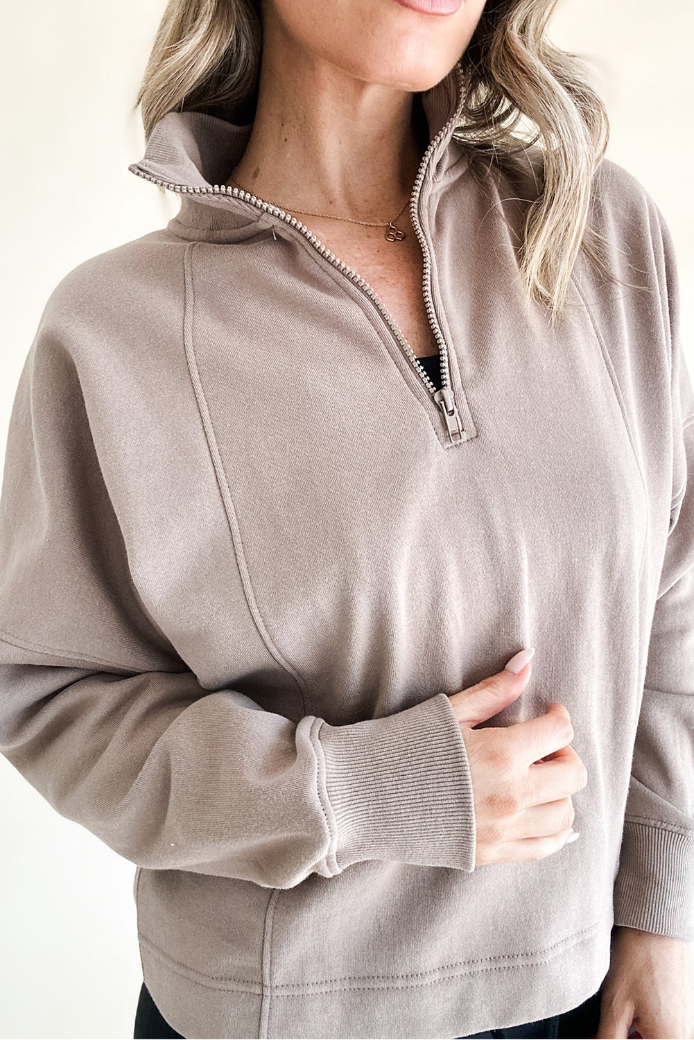 Zipped Neck Pullover Drop Shoulder Sweatshirt