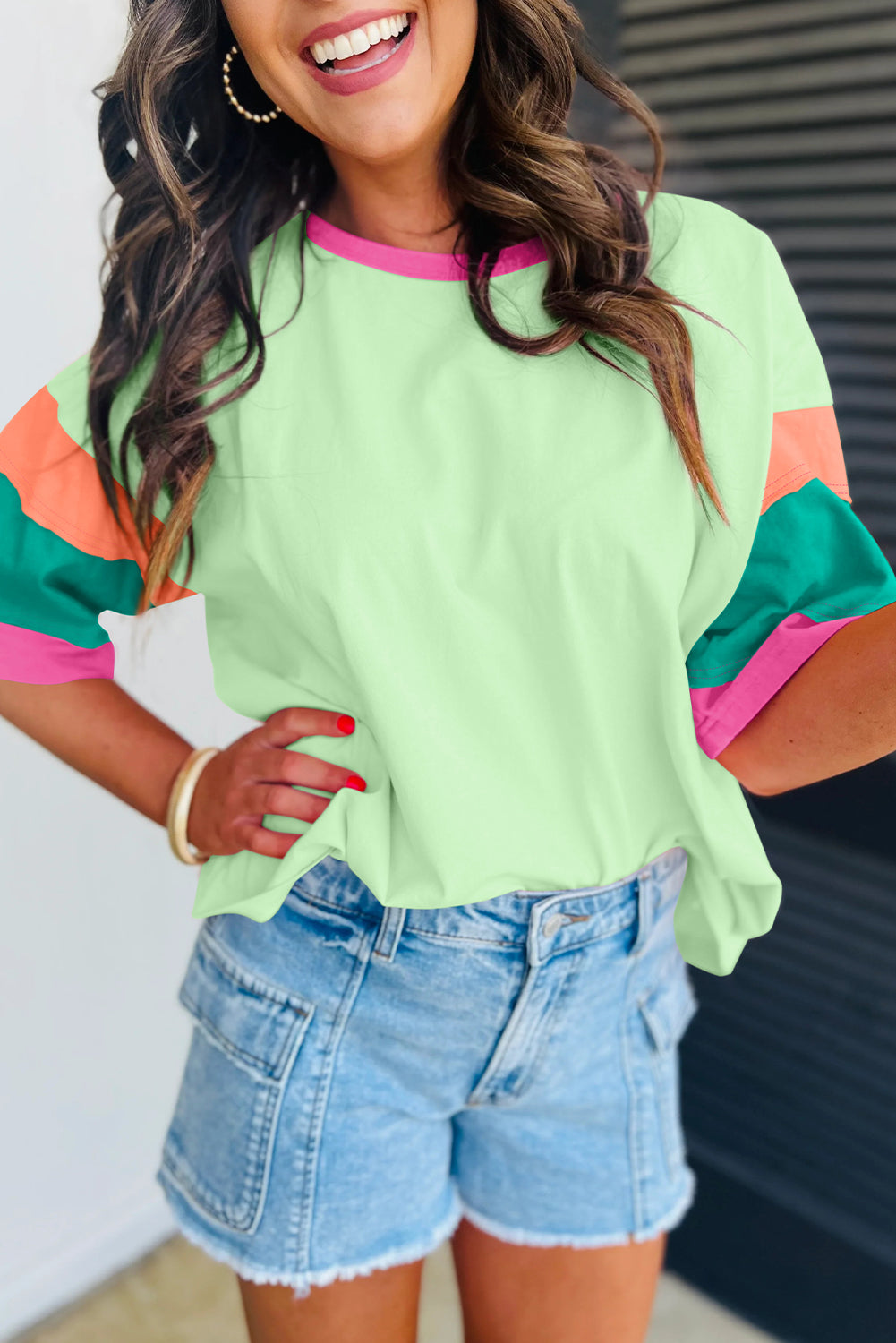Color Block Stitching Sleeve Round Neck Oversize Top