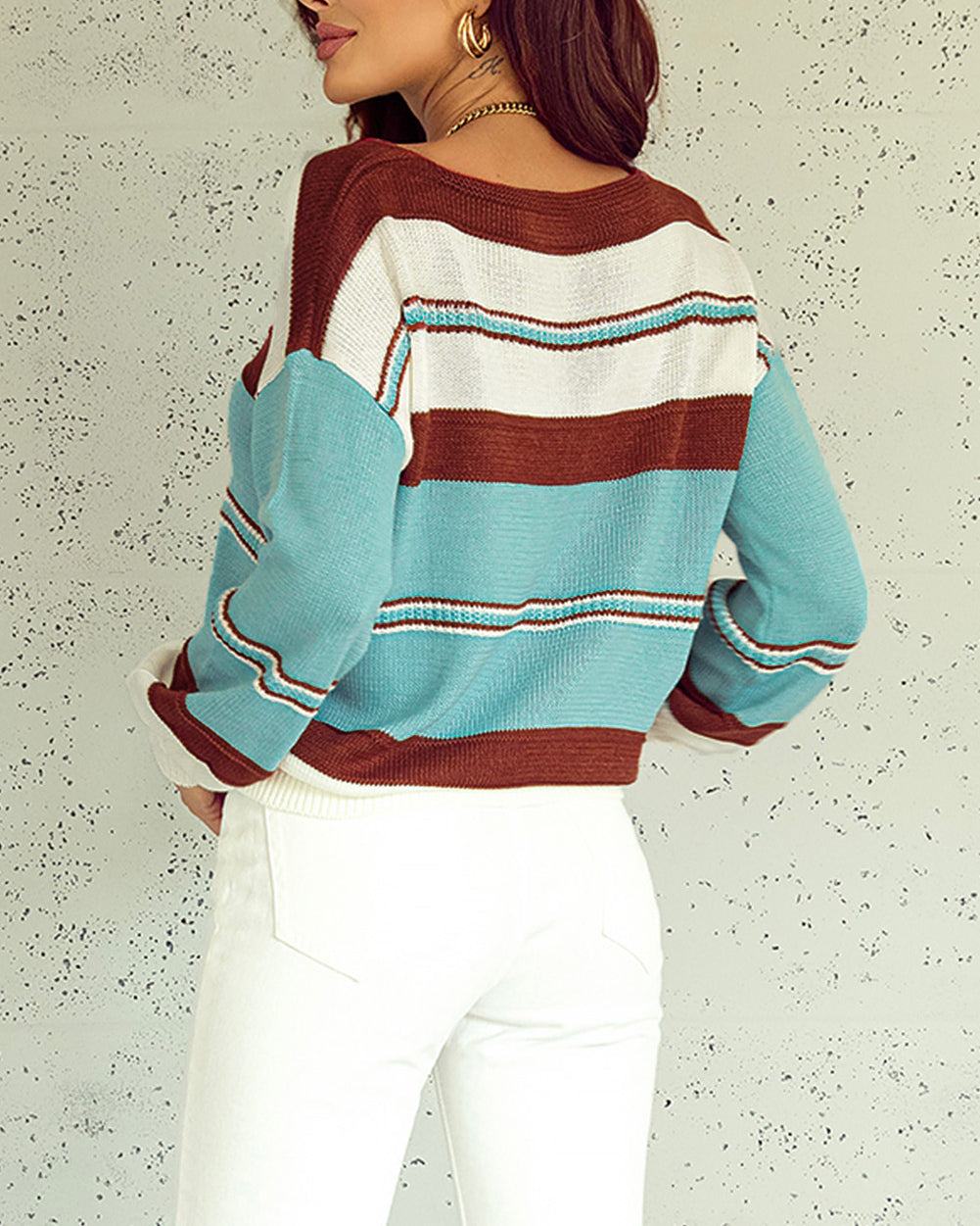 Striped Pattern Knit V Neck Sweater