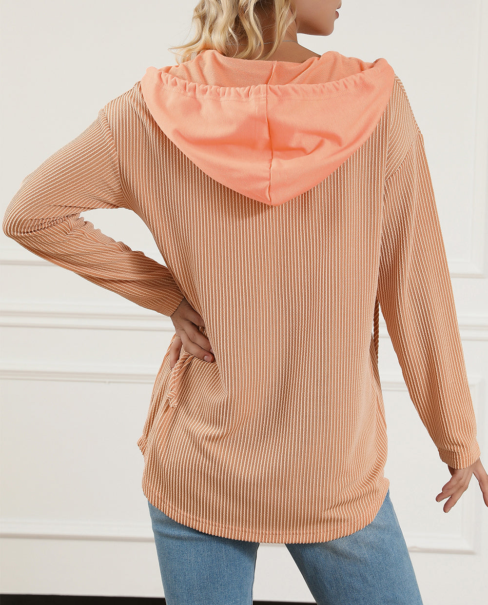 Flap Pockets Patchwork Hooded Ribbed Shacket