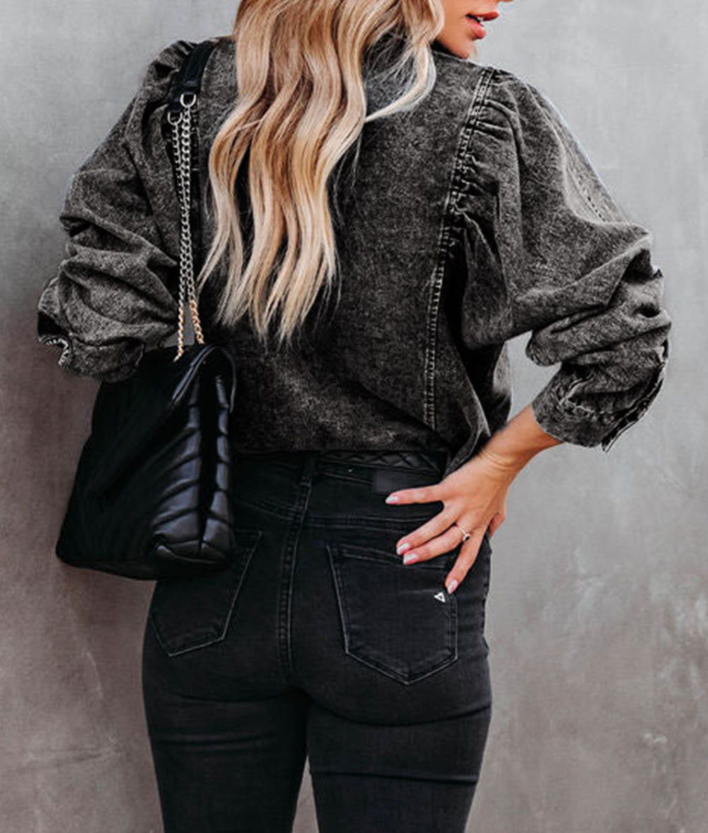 Puff Sleeve Button-Up Denim Jacket
