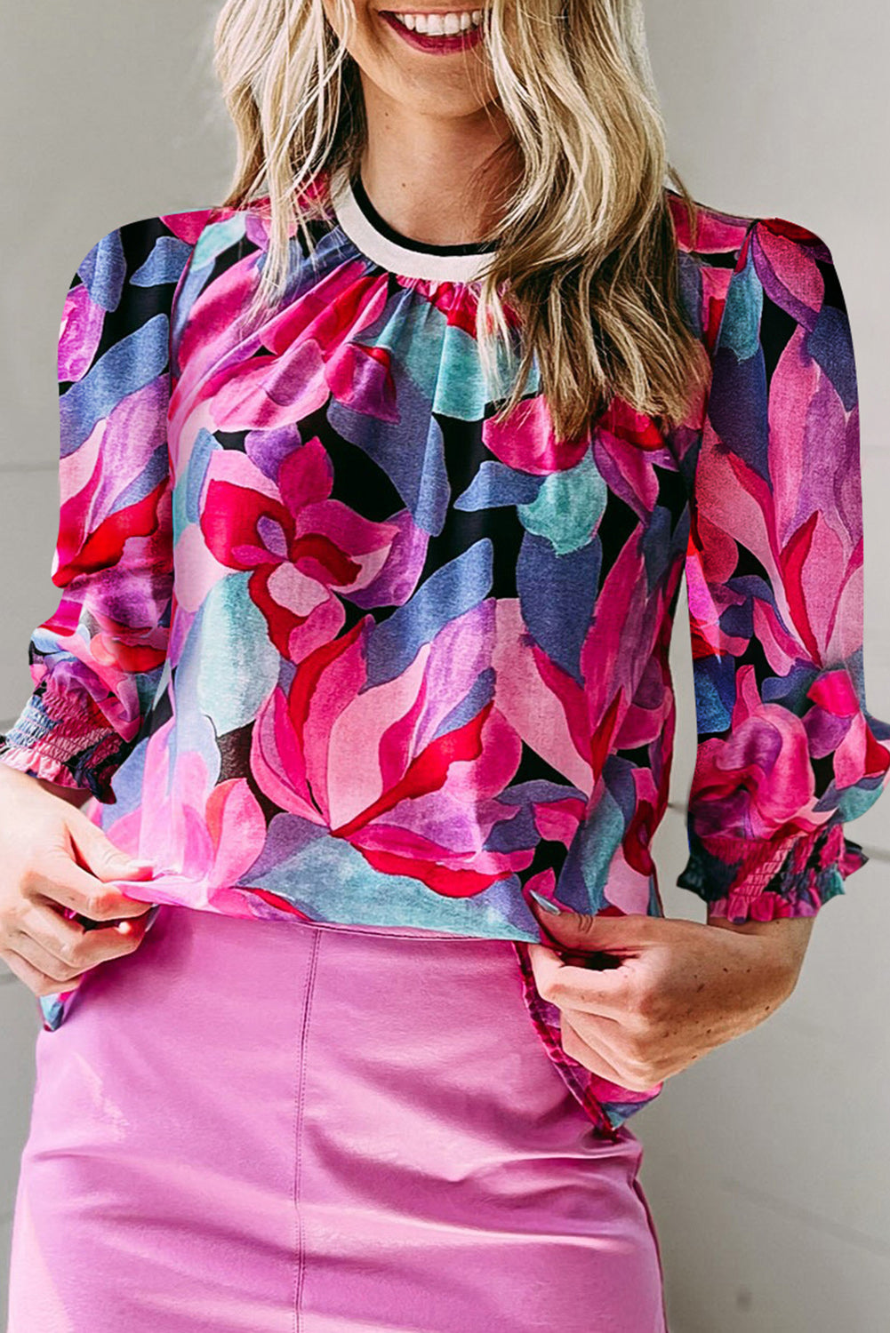 Floral Print Ruched Sleeve Puff Sleeve Blouse