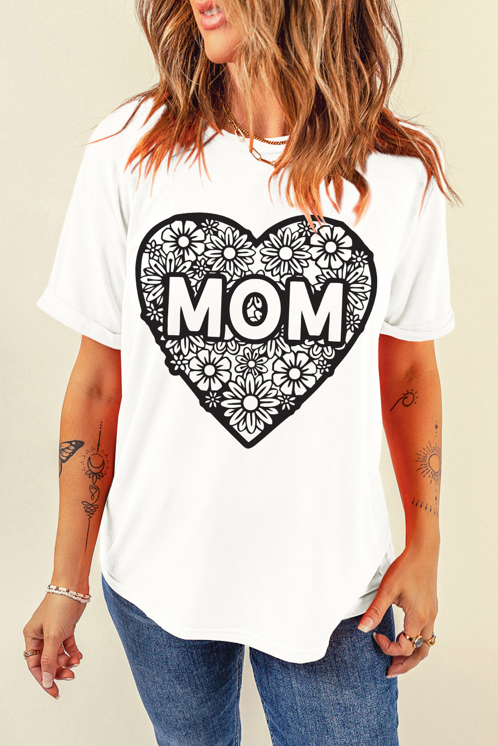 MOM Flower Heart Shaped Print Crewneck T Shirt
