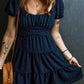Swiss Dot Jacquard Puff Sleeve Crossover Tied Tiered Dress