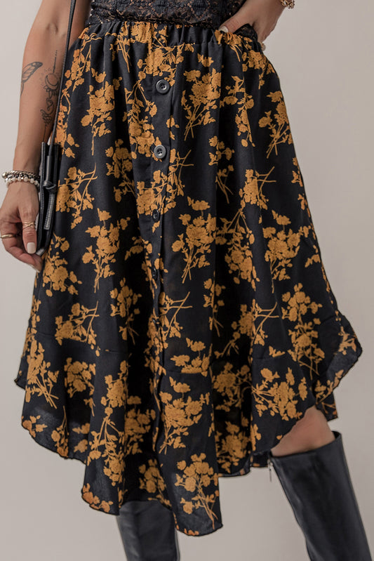 Printed Elastic Waist Button Decor Floral Ruffle Skirt