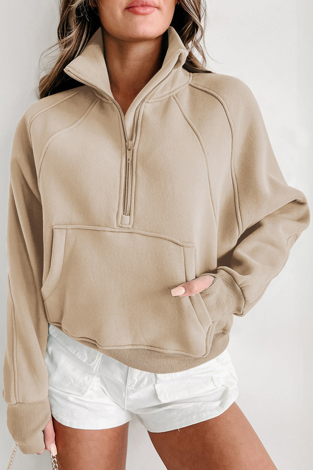 Zip Up Stand Collar Ribbed Thumbhole Sleeve Sweatshirt
