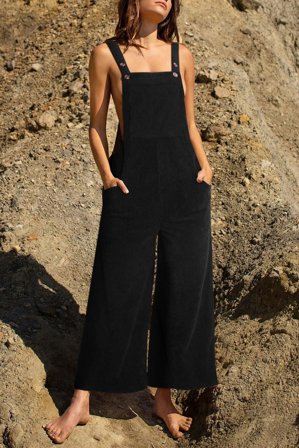 Solid Color Corduroy Wide Leg Bib Overalls