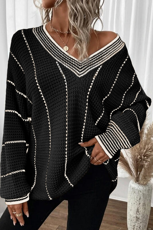 Colorblock Striped V Neck Knitted Loose Sweater