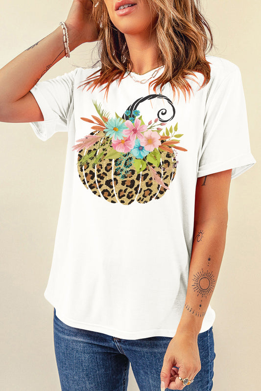 Floral Leopard Pumpkin Graphic Halloween T Shirt