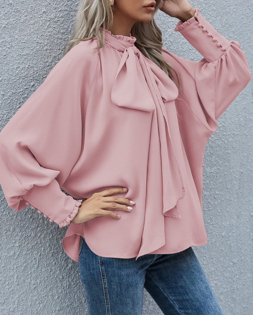 Frilled Knotted Mock Neck Bishop Sleeve Blouse