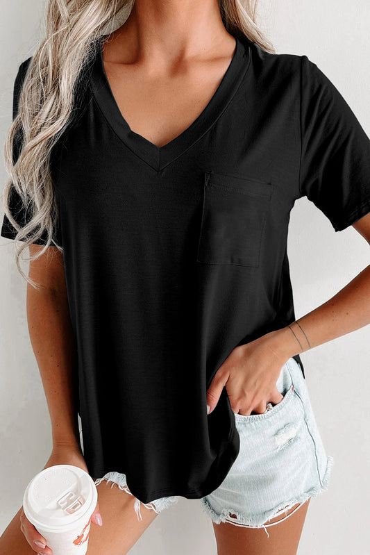 V Neck Pocketed Rounded Hem Tee