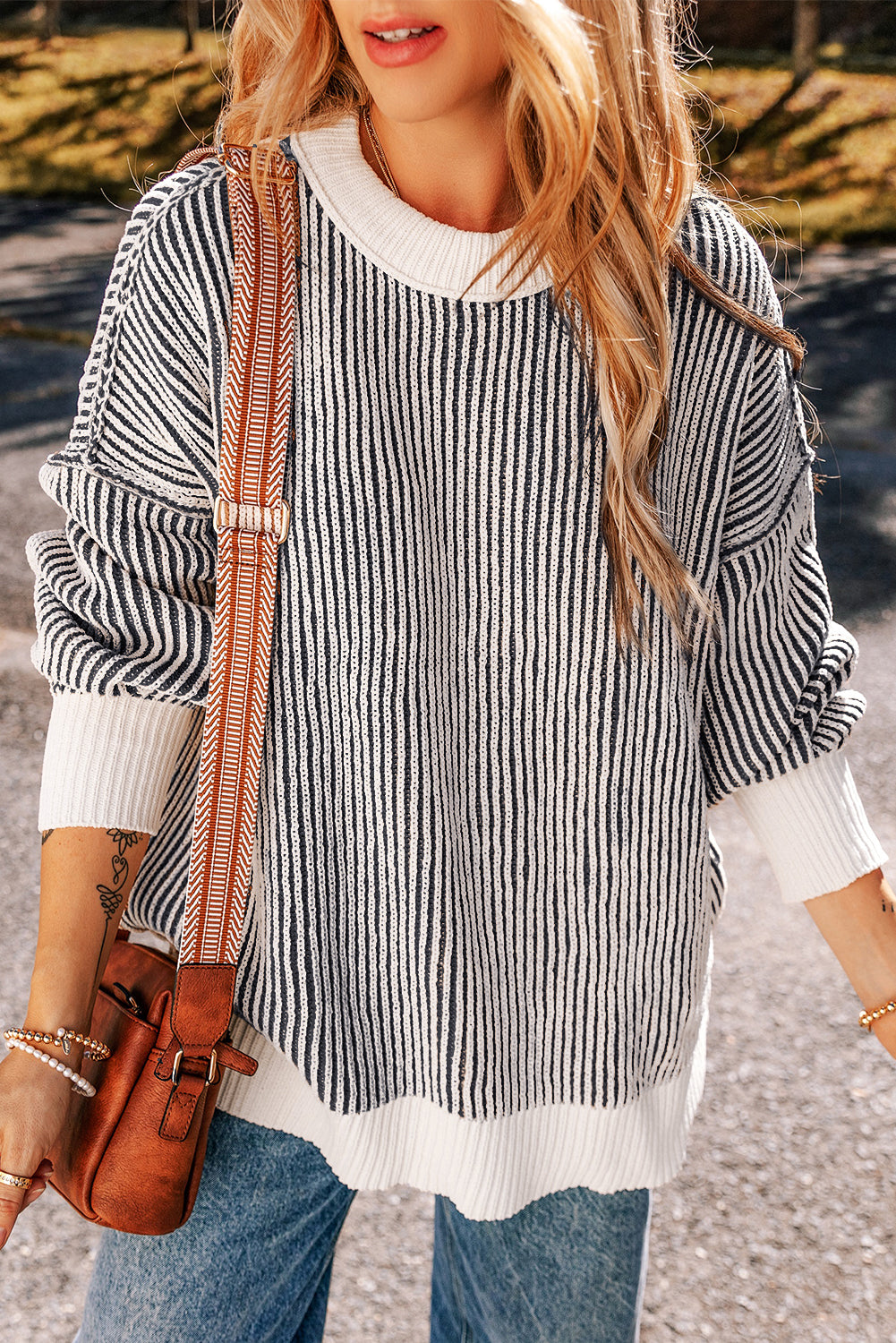 Striped Textured Knit Contrast Edge Loose Sweater