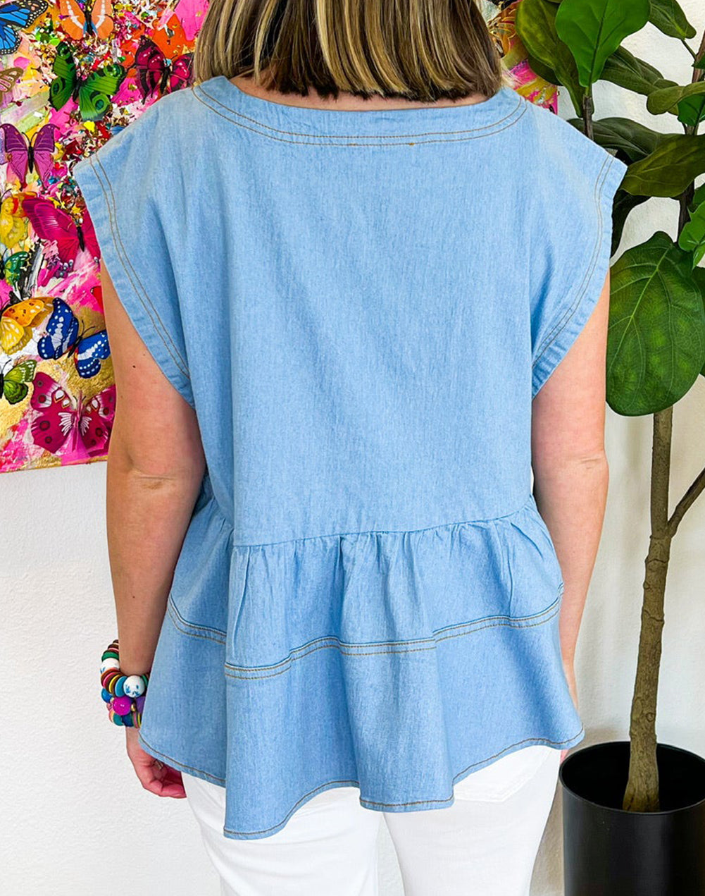 Trendy Stitching Detail Denim Peplum Top