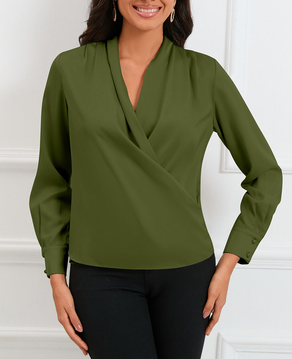 Solid Wrap V Neck Long Sleeve Top