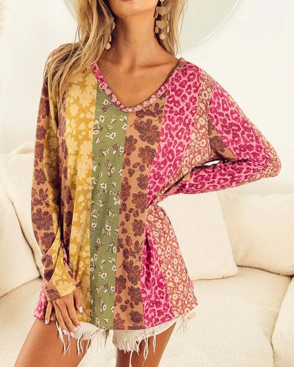 Floral Leopard Mixed Print V Neck Long Sleeve Tee