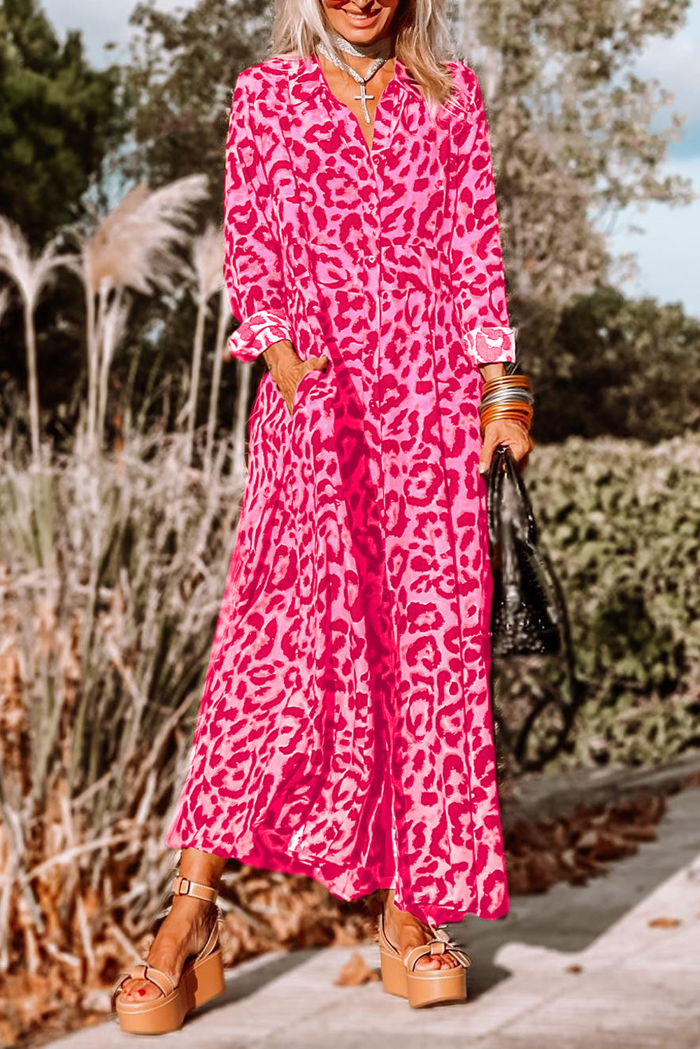 Leopard Button-Up Long Sleeve Maxi Dress