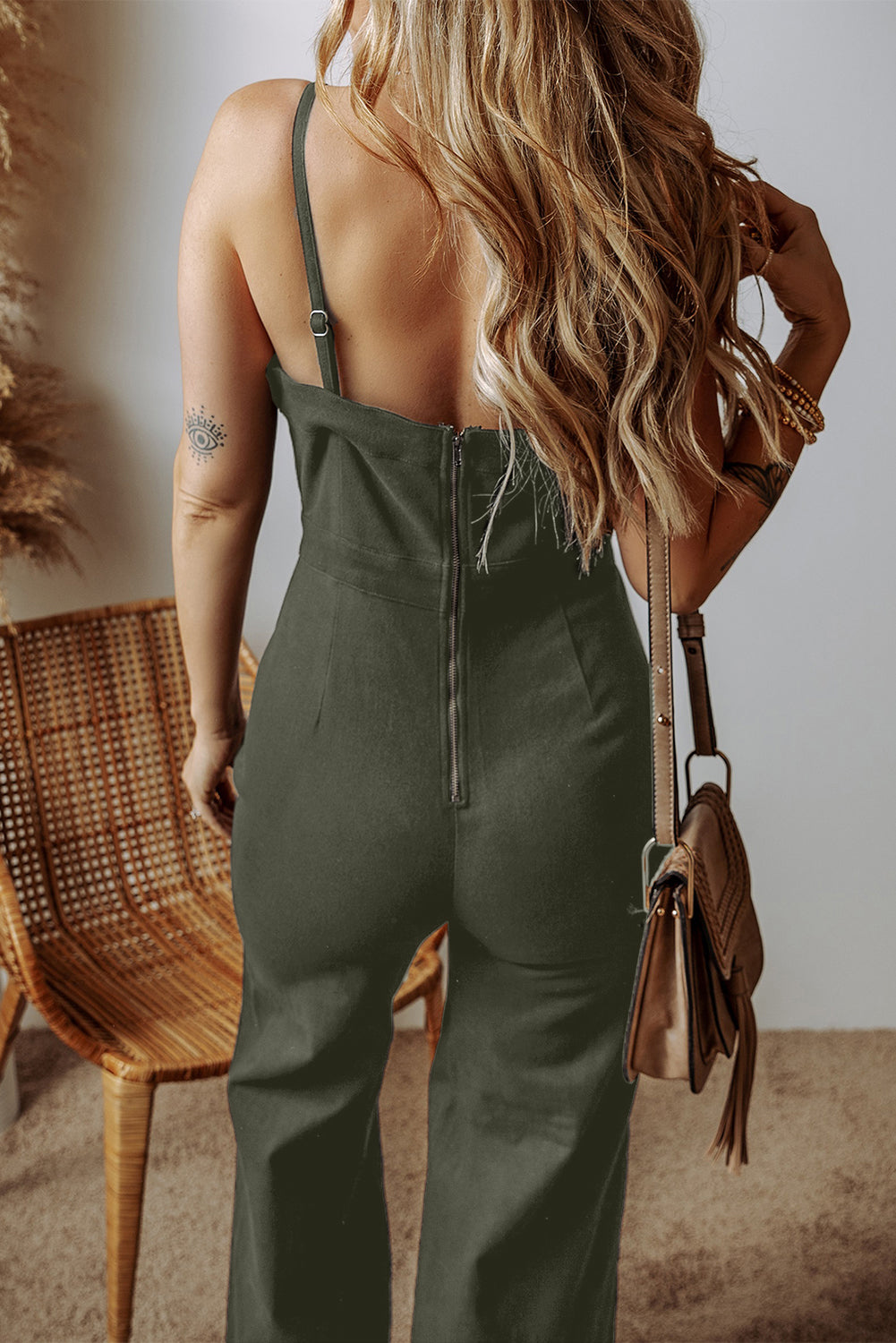 Seamed Zipper Spaghetti Strap High Waist Flared Jumpsuit