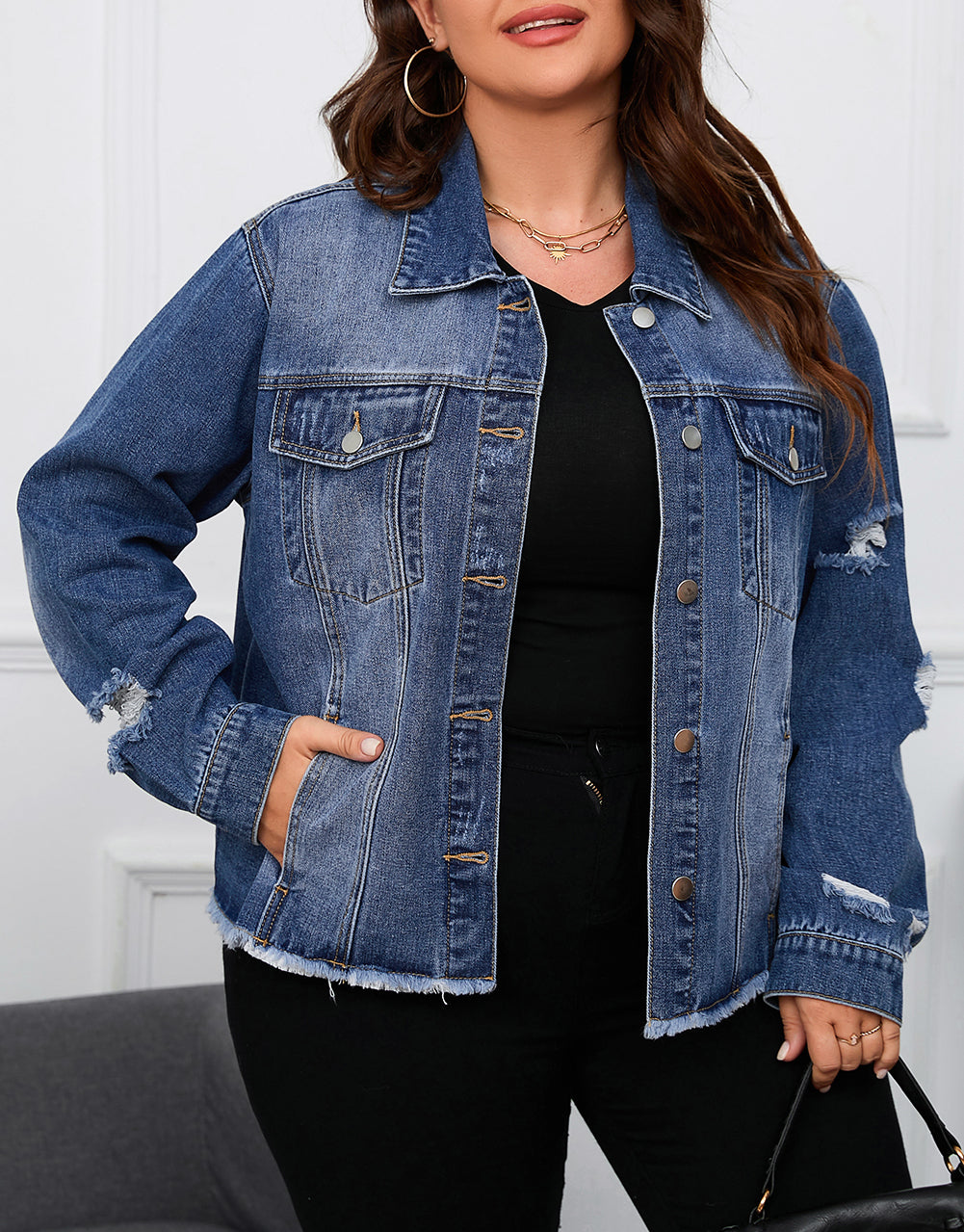 Plus Size Distressed Flap Pocket Denim Jacket