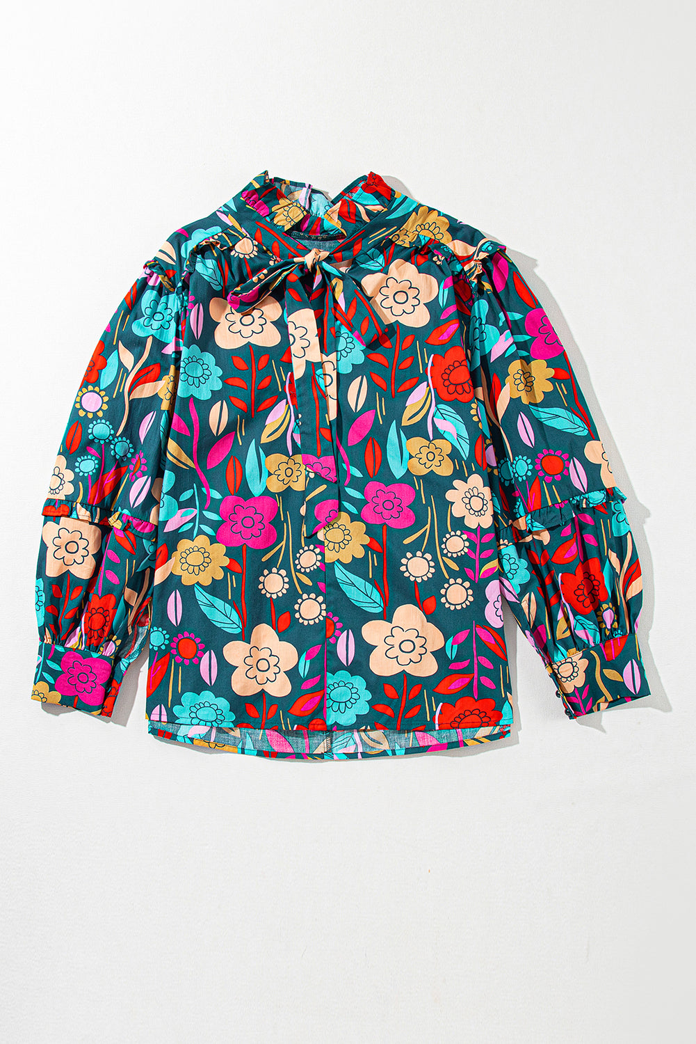 Floral Knot Split Neck Puff Sleeve Blouse