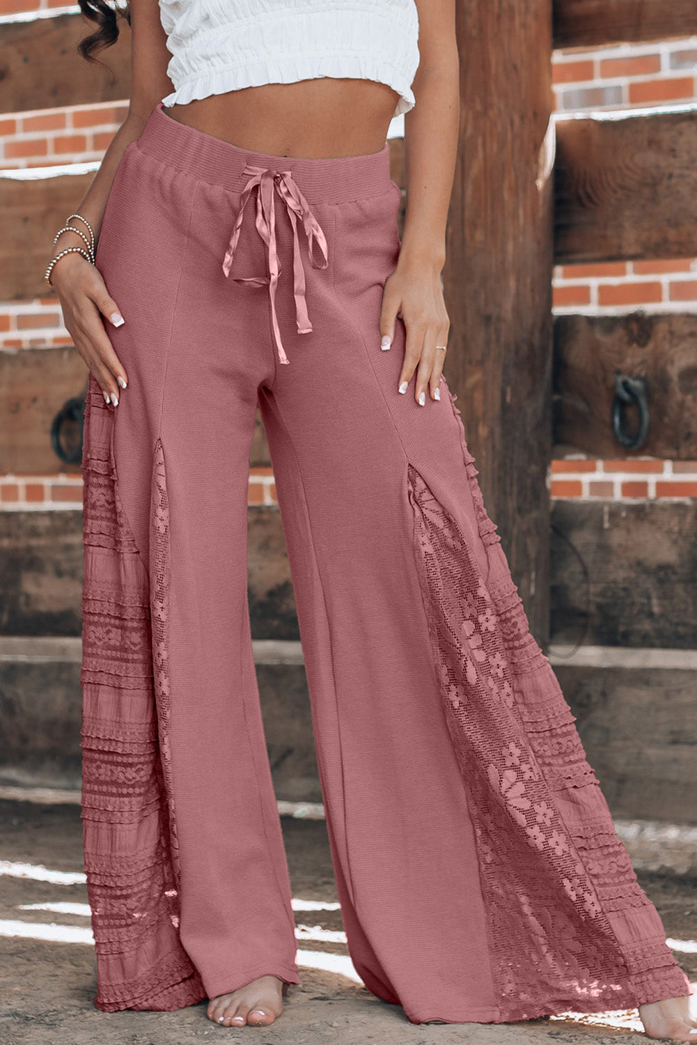 Boho Lace Patchwork Wide Leg High Waist Pants