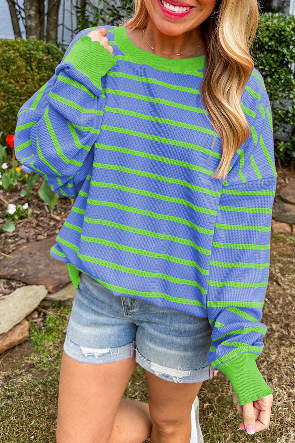 Stripe Trimmed Round Neck Drop Shoulder Loose Sweater