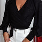 Glitter Wrap V Neck Tie Hem Puff Sleeve Blouse