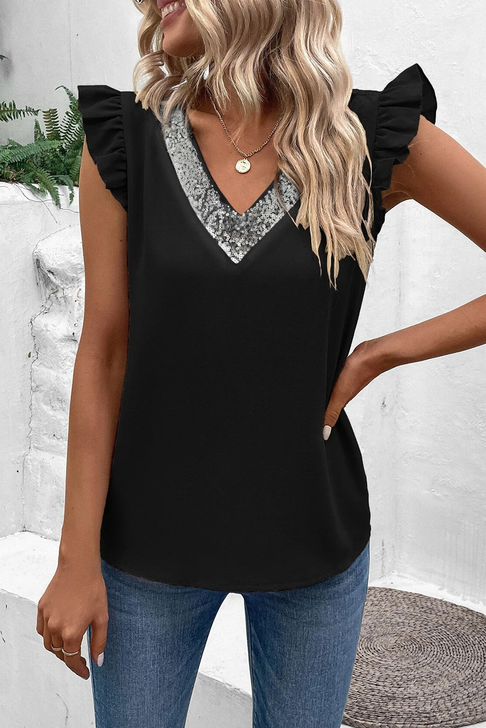 Contrast Sequin V Neck Flutter Sleeve Blouse