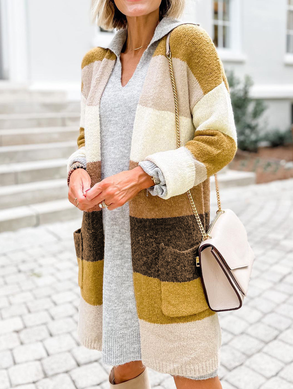 Stripe Colorblock Open Front Pocketed Cardigan