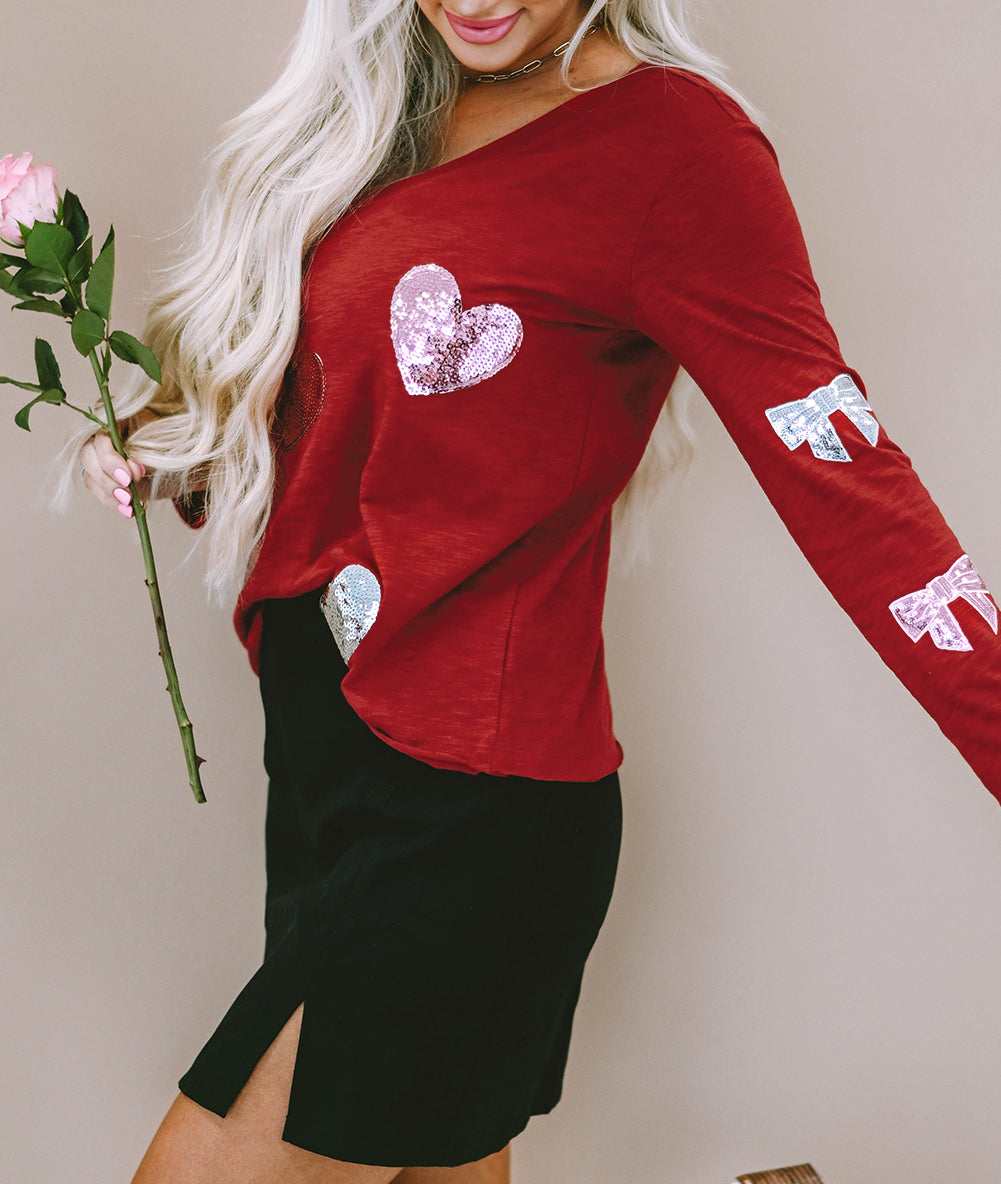 Heart Shape Bow Graphic V Neck Top