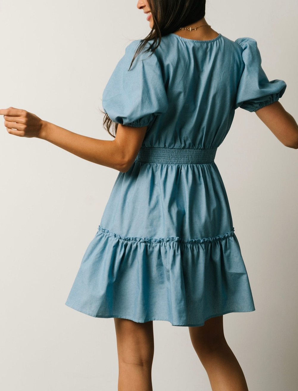 V Neck Bubble Sleeve Ruffle Flared Mini Dress
