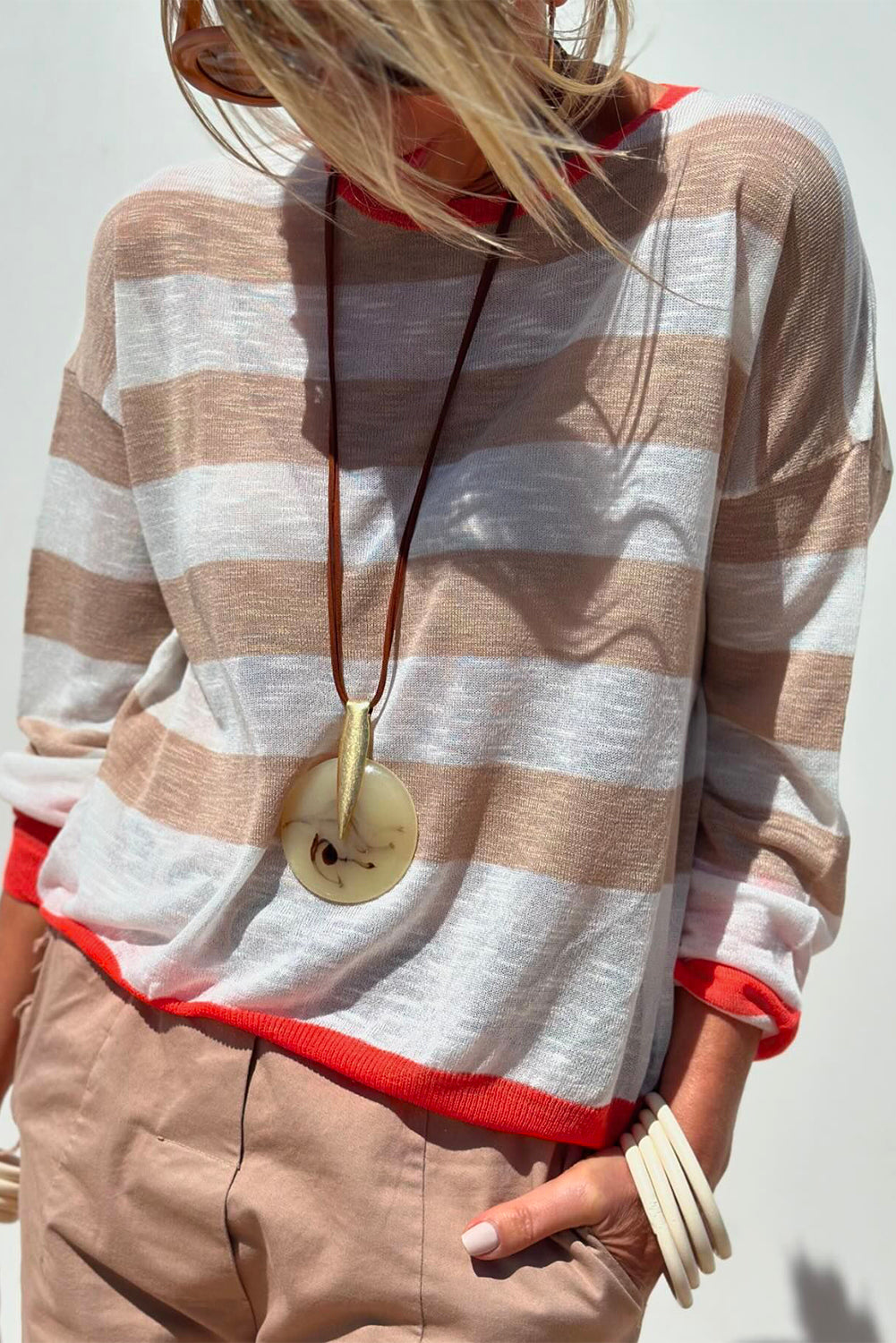 Colorblock Striped Round Neck Drop Shoulder Sweater