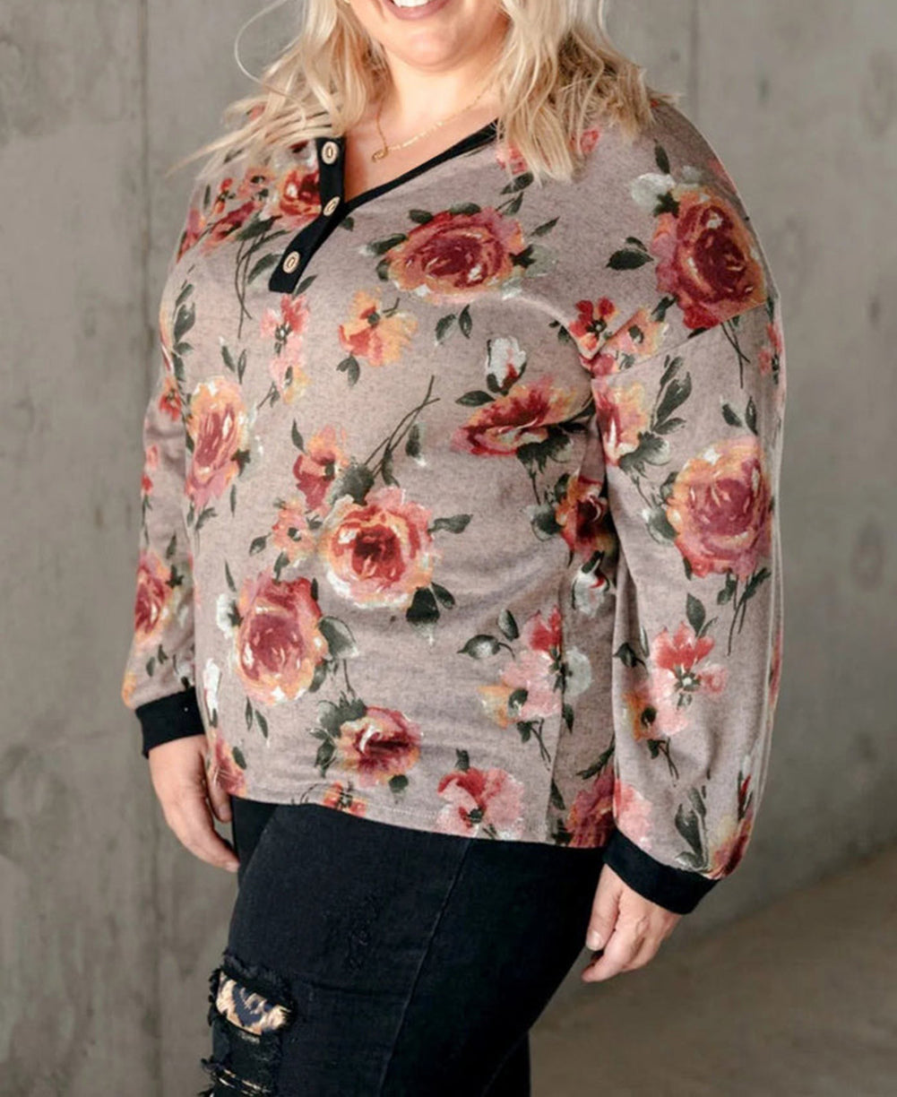 Floral Long Sleeve Plus Size Henley Top
