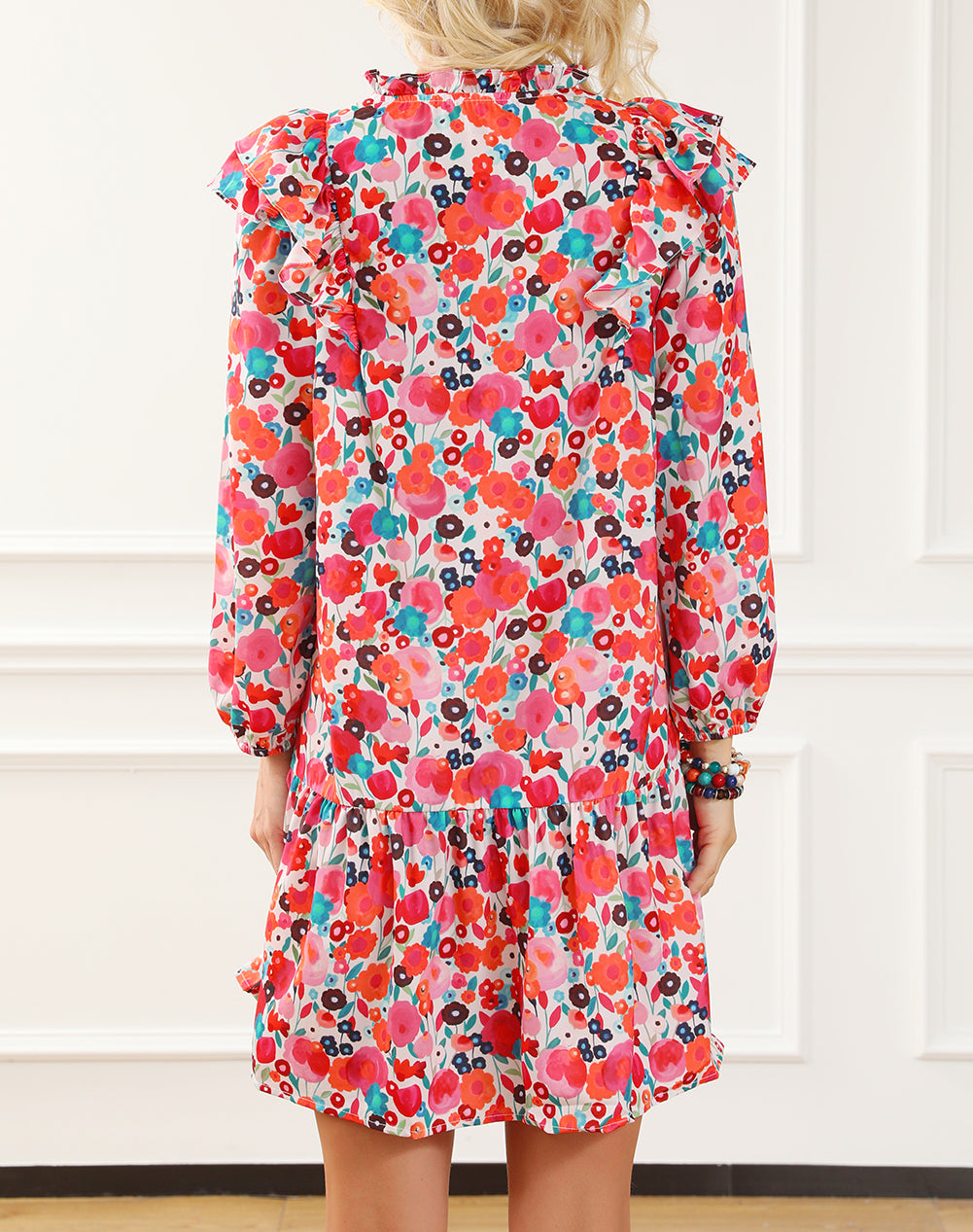Ruffle Split Neck Floral Long Sleeve Dress