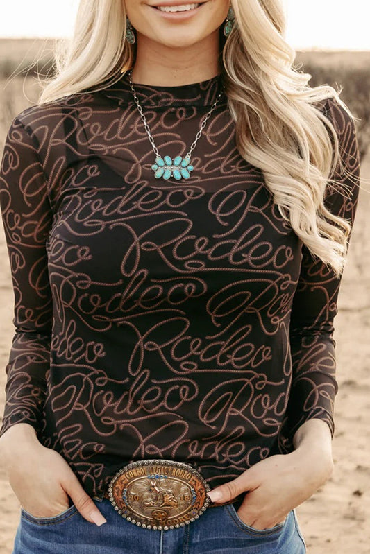 Western Rodeo Printed Mock Neck Long Sleeve Mesh Top