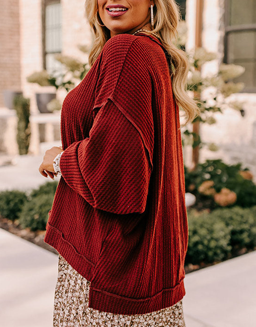 Exposed Seam Detail Waffle Knit Plus Size Top