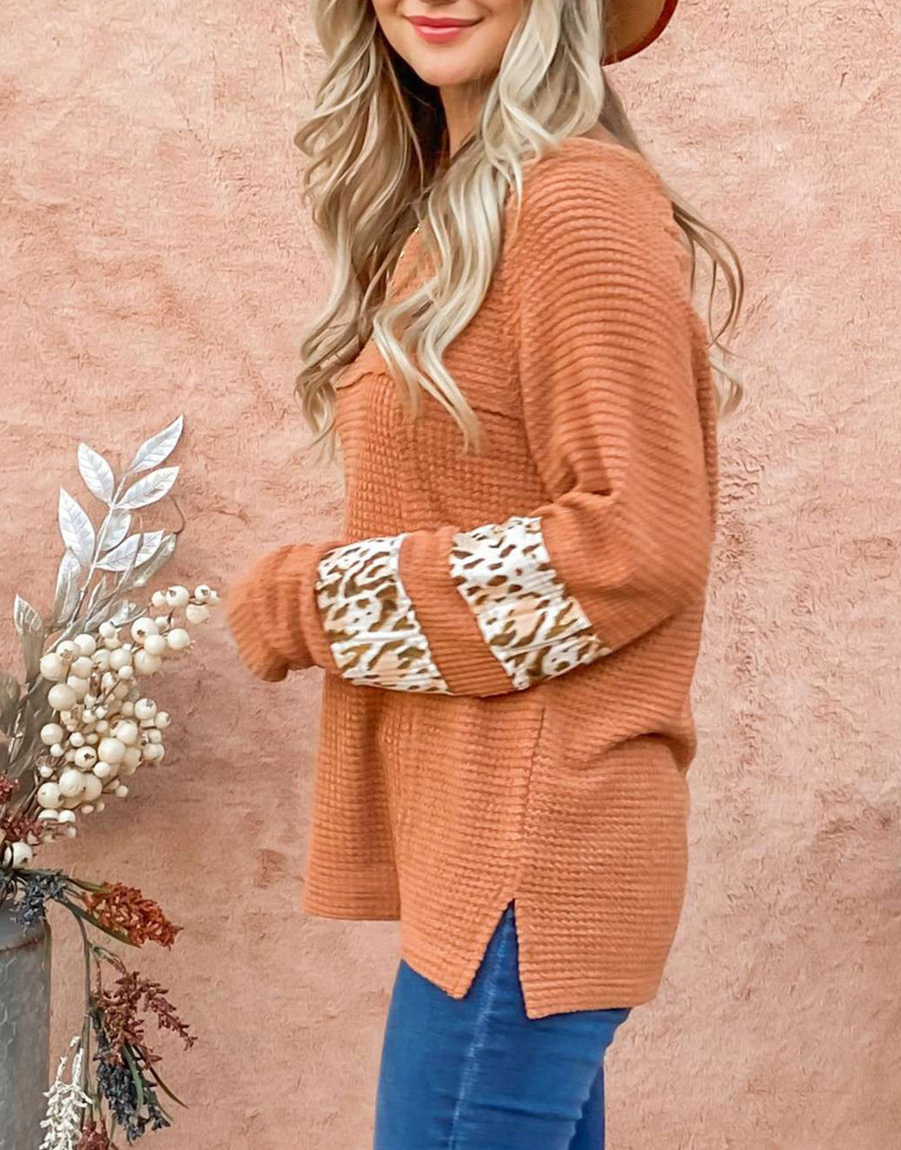 Leopard Splicing Exposed Seam Waffle Knit Top