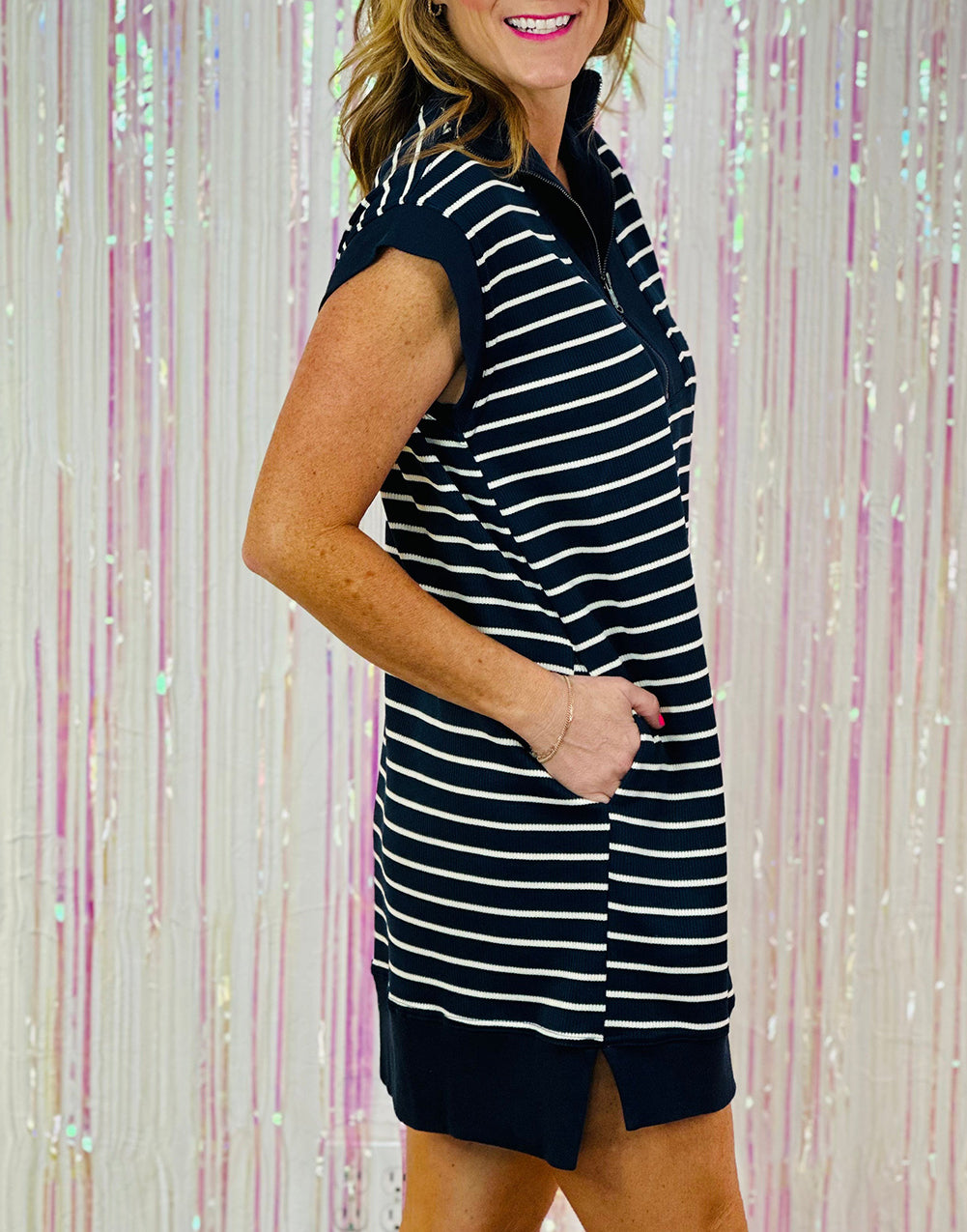 Quarter Zip Collared Cap Sleeve Mini Dress