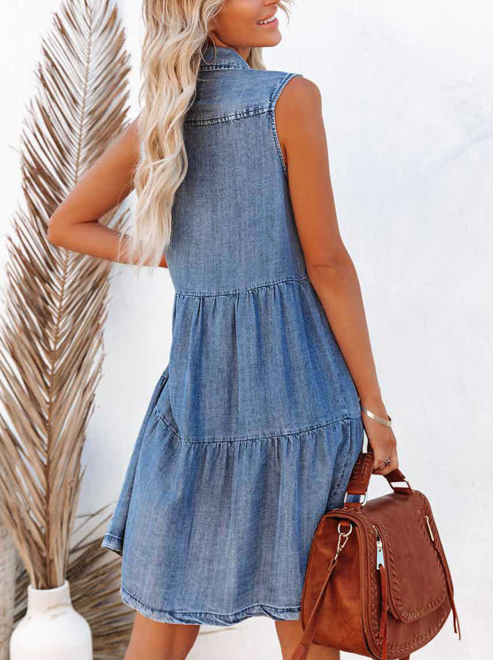 Flap Pockets Button up Sleeveless Denim Dress