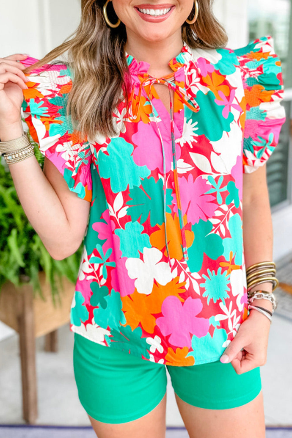 Floral Tie Split Neck Ruffle Trim Blouse