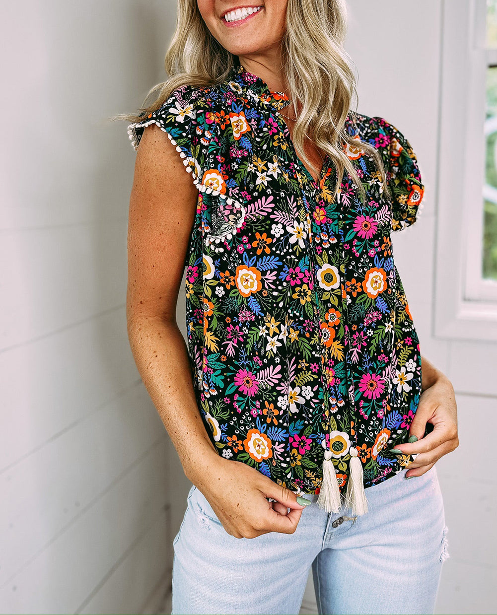 Lace Trim Flutter Sleeve Tropical Floral Blouse