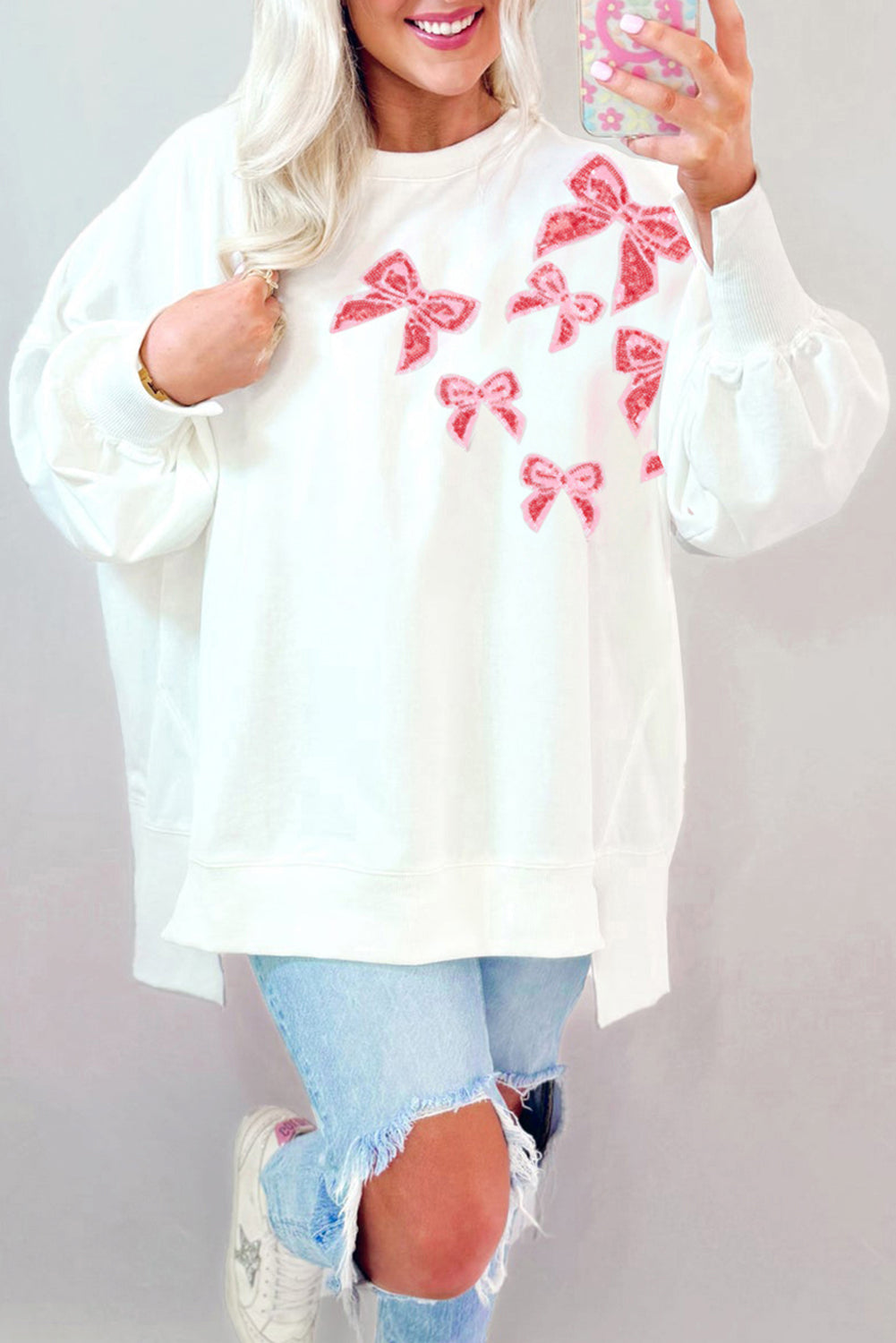 Sequin Bowknot High Low Oversize Sweatshirt