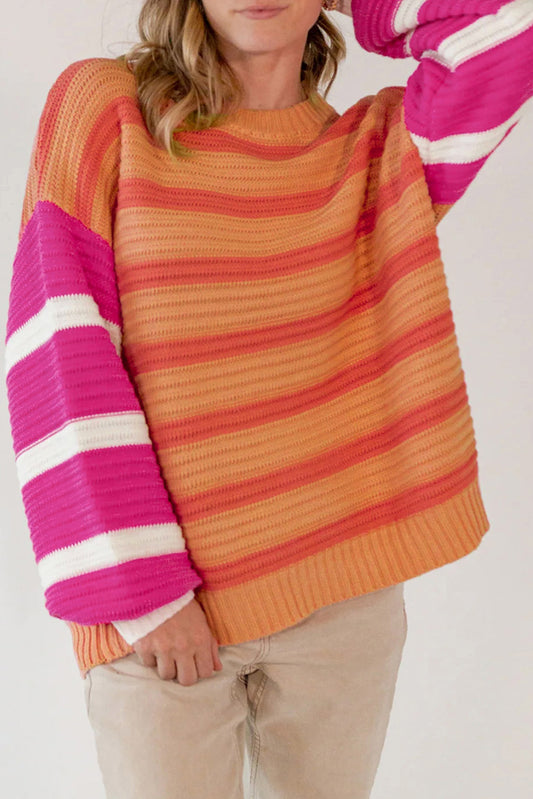 Stripe Colorblock Crew Neck Drop Shoulder Loose Sweater