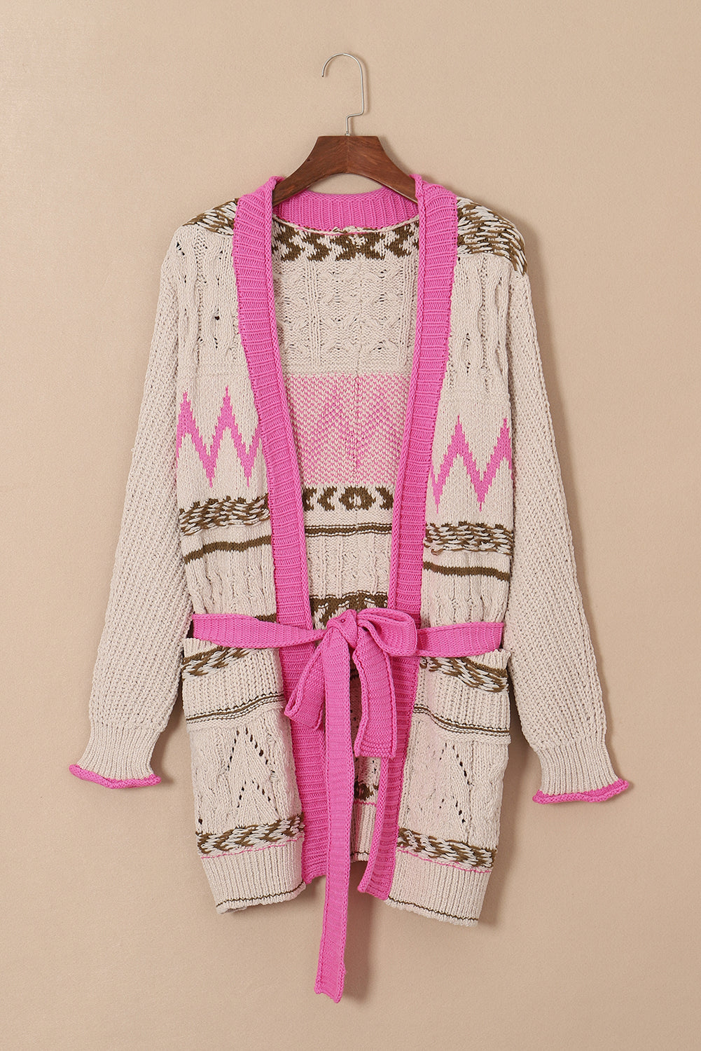 Geometric Cable Knit Pocketed Open Front Cardigan