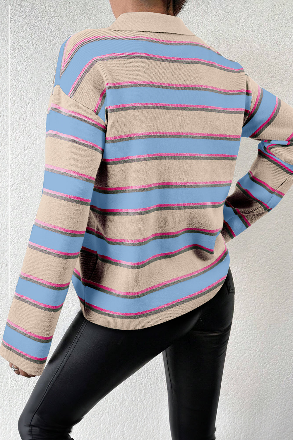 Stripe Collared V Neck Drop Shoulder Loose Sweater