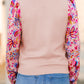 Floral Printed Patchwork Smocked Lantern Sleeve Knit Top