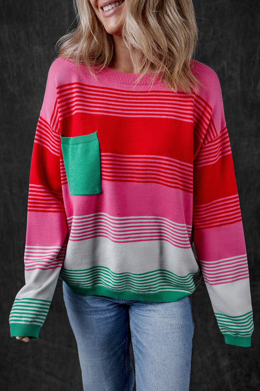 Striped Knit Patch Pocket Drop Shoulder Sweater