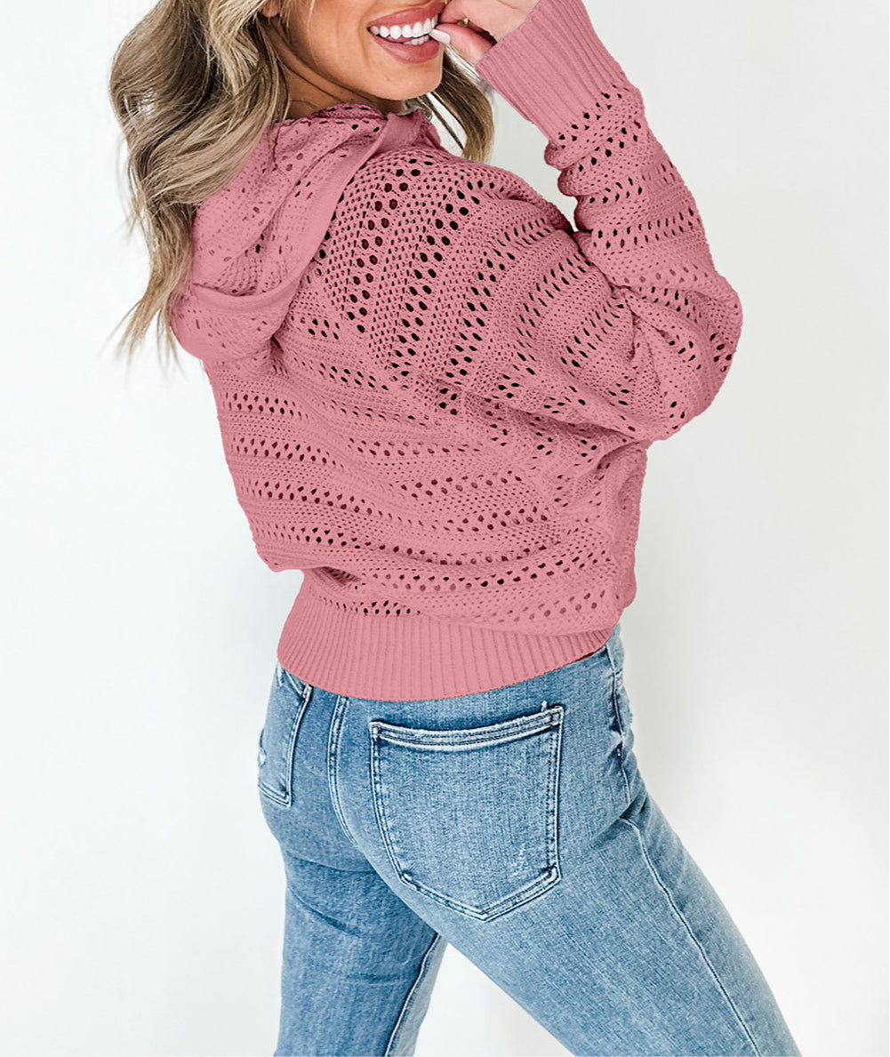 Pointelle Knit Raglan Sleeve Hooded Sweater