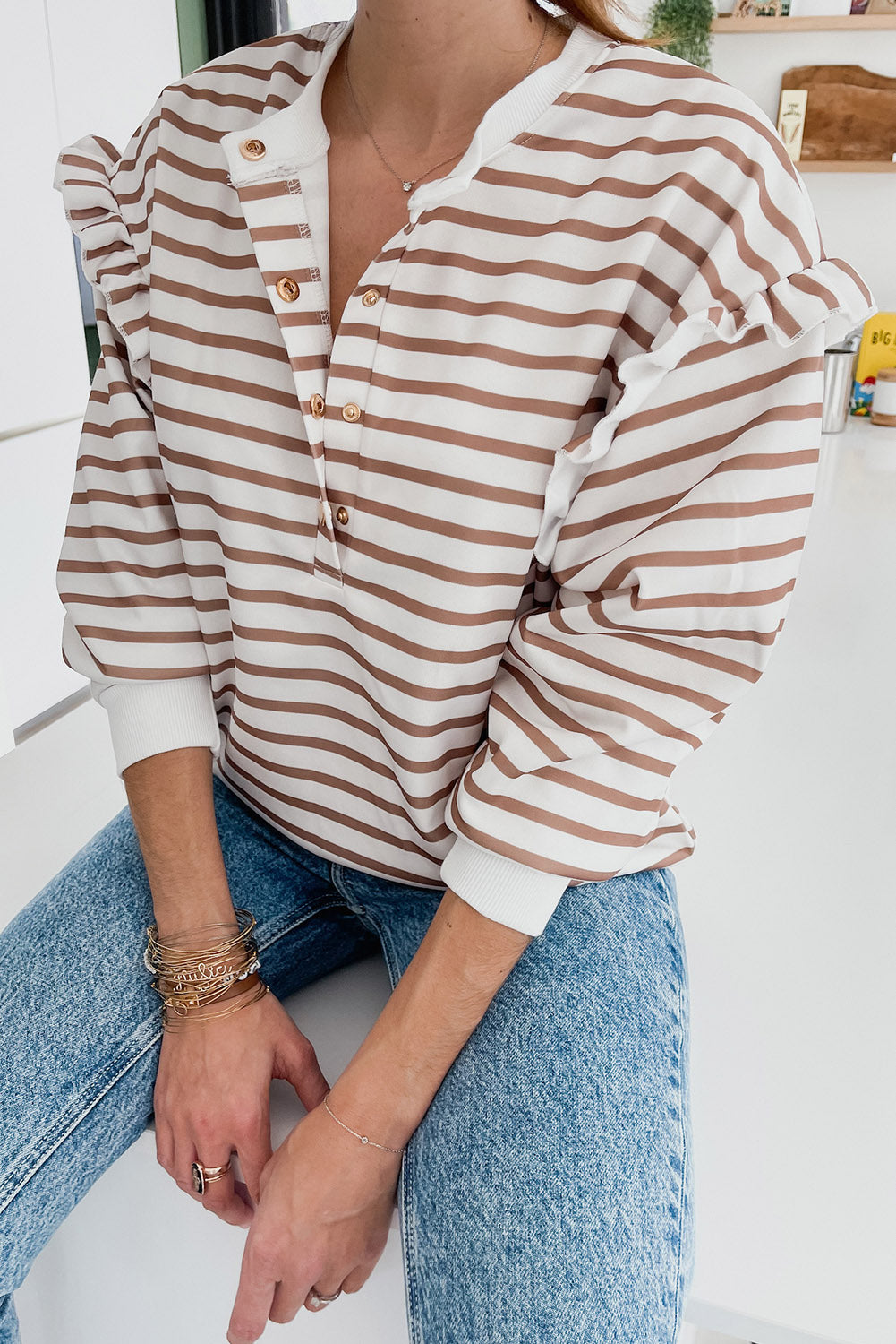 Striped Ruffled Sleeve Buttoned Half-Placket Top